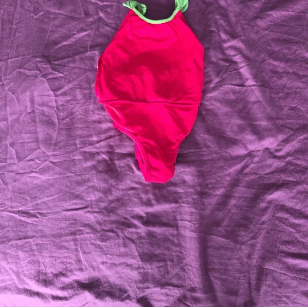 Gymboree Bright Red Strawberry One-Piece Swimsuit with Green Ruffle and Skirt